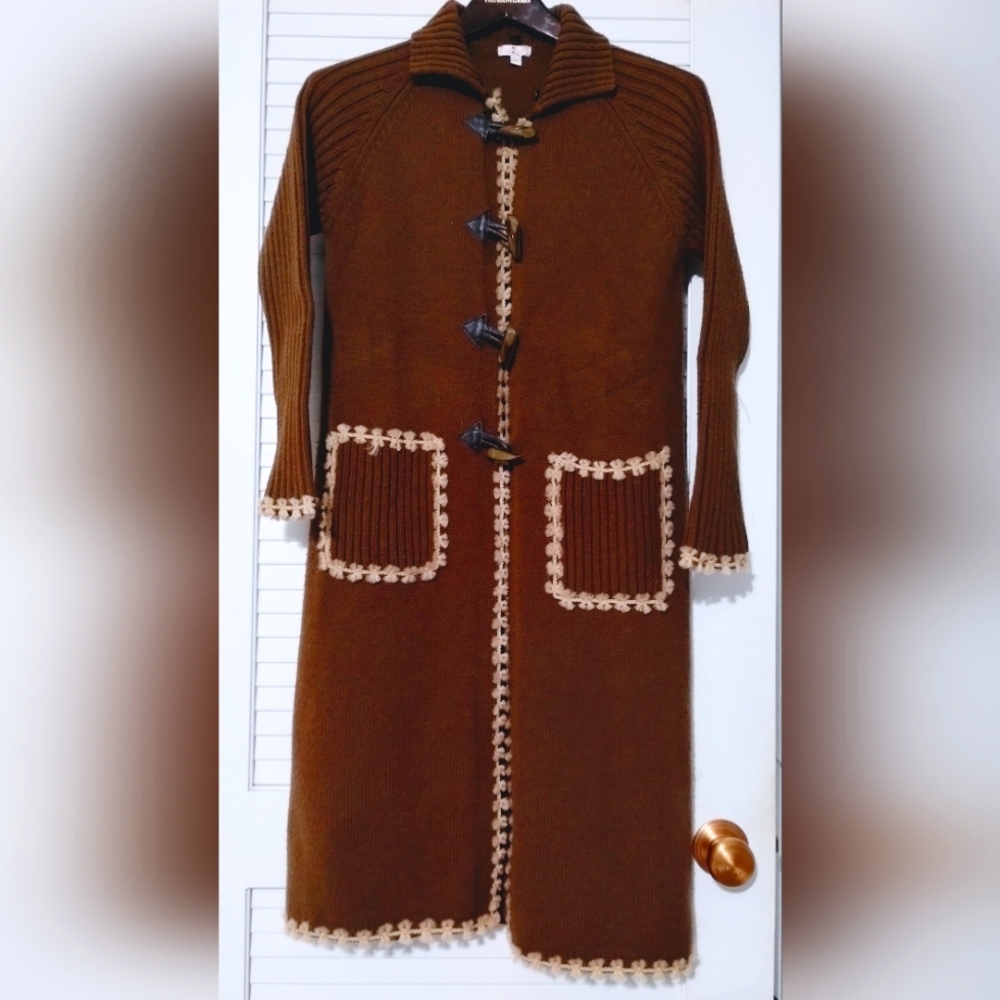 Vtg COLOUR Wool Longline Cardigan Knit Sweater w Conamarra Horn Toggle Buttons